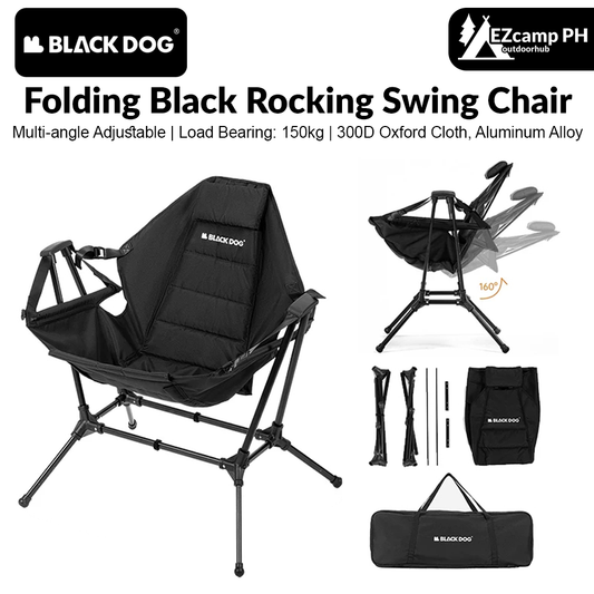 BLACKDOG Folding Black Rocking Swing Chair with Pillow 160° Portable Adjustable Lying Leisure Recliner 150kg Max Load Camping Hiking Picnic Beach Travel Chair 7075 Aluminum Heavy Duty Original Black Dog