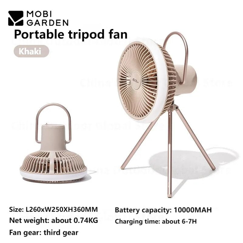 Mobi Garden BREEZE Portable Fan F2 Tripod Hanging Eletric Fan LED Lamp 10000mAh Battery Capacity up to 28H USB C Charging Outdoor Camping Stand Ultralight Desk Fan Rechargeable Heavy Duty Strong Wind Mobigarden Black Khaki xiaofeng