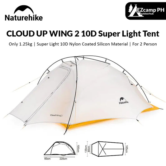 Naturehike CLOUD UP WING 2 10D Super Light Hiking Backpacking Tent for 1 to 2 Person Waterproof Windproof Ultralight 1.25kg Outdoor Camping 4 Season Tent 7 Series Aluminum Alloy Nylon Coated Silicon Nature Hike