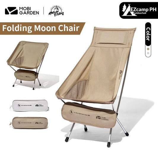 MOBI GARDEN Folding Moon Chair Outdoor Camping Relax Recline Ultralight Portable Small Large High Low Back Aluminum Alloy Oxford Seat 100kg Max Load Foldable with Storage Bag Mobigarden