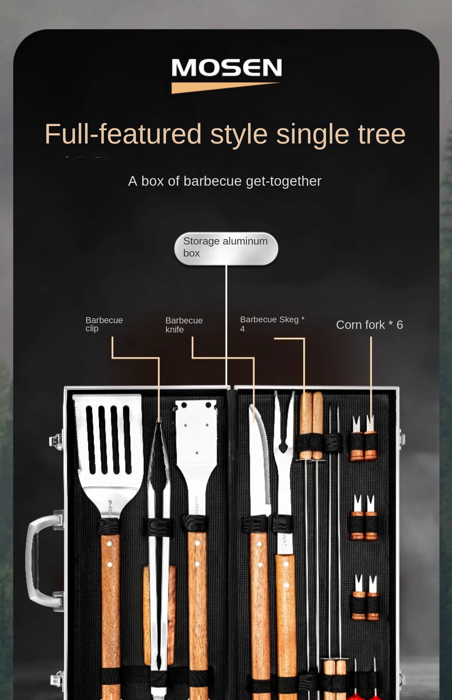 Redfox E-Rover 18pcs BBQ Tool Set Multifunctional Barbecue Grill Utensil Spatula Tong Clip Skewer Knife With Elegant Case Outdoor Camping Cooking Accessories
