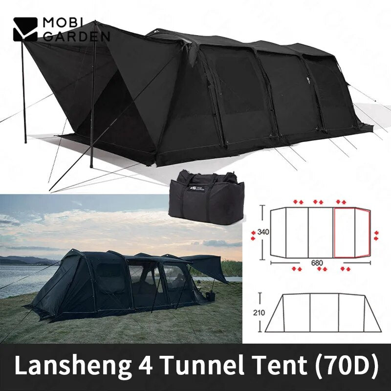 Mobi Garden RANGE ROVER Series 4 Rods Black Tunnel Type Camping Tent 23.1m² Extra Large Space for 8-10 Person up to 2 Bedrooms and 1 Living Room Waterproof Windproof Aviation Pre-Bended Aluminum Poles Outdoor Glamping Luxury Mobigarden LANSHENG