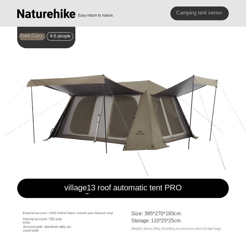 Naturehike 2026 VILLAGE 13 PRO Automatic Tent Fast Build Cabin Style Tent 6-8 Persons Large 24m² Usable Space Aluminum Frame Ti Black Coated Sunscreen