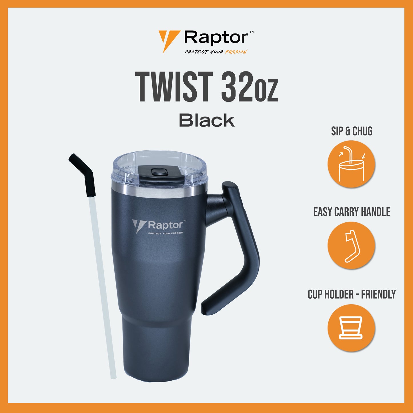 Raptor TWIST 32oz Tumbler Unique Rotating Handle Double-Wall Vacuum Insulation Cup Holder-Friendly Design Rust-Resistant Durability Drinkware