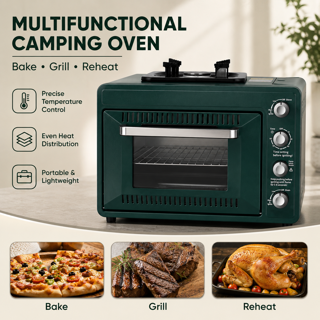 Multifunctional Camping Oven Portable 25L Large Capacity Butane Gas Oven With Stove Top Grill Bake Roast Outdoor Cooker Kitchenware Cookware