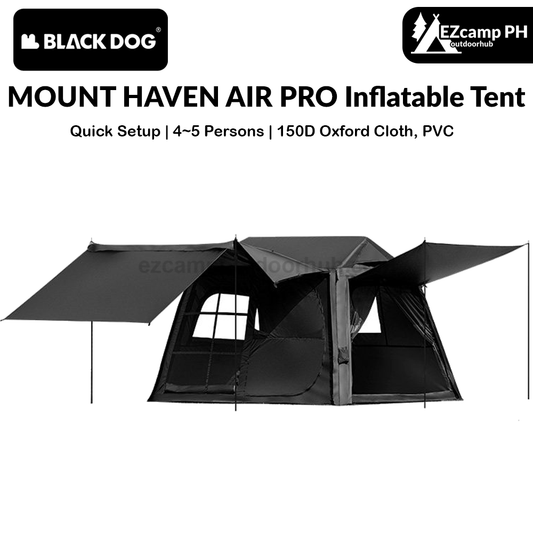 Blackdog MOUNT HAVEN AIR PRO Inflatable Tent Fast Build Cabin Style Shelter 4-5 Persons PVC Air Pole Waterproof Black Vinyl Coated Sunscreen Outdoor