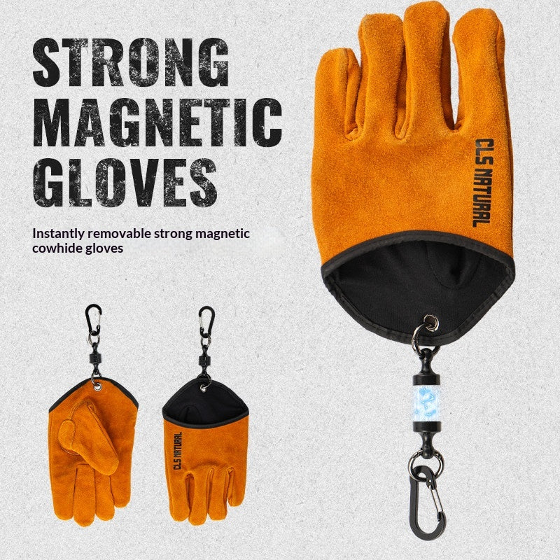 CLS Magnetic Leather Gloves Strong Magnetic Hanging Gloves Camping Equipment Tool BBQ Grill Working Leather Fire Retardant Insulated Non-Slip Gloves