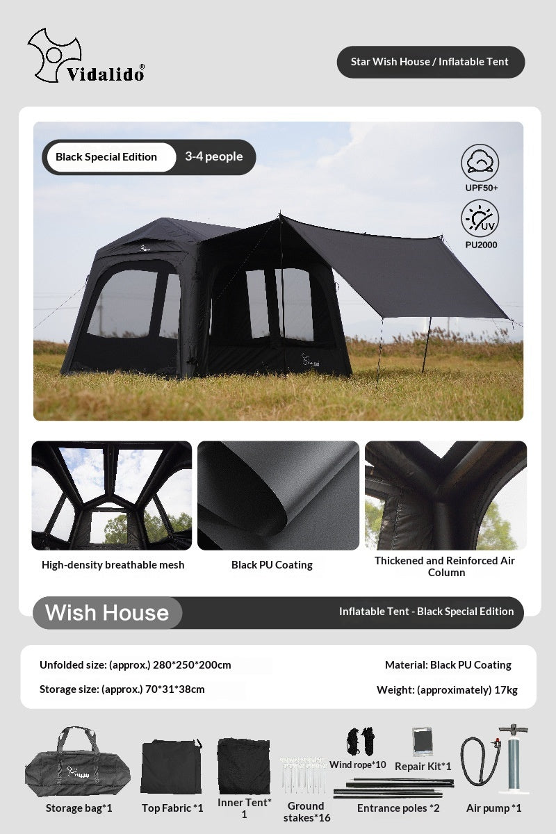 Vidalido WISH HOUSE 7.0 Air Inflatable Tent Fast Build 3-4 Person Ti Silver Coated Sunscreen PVC Air Poles Full View Mesh Waterproof 13m² Usable Space