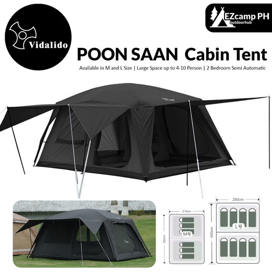 VIDALIDO Poon Saan Cabin Style Tent Semi-Automatic Waterproof Breathable Outdoor Camping Medium Large Tent for 4-10 Person Black Khaki Banshan Villa