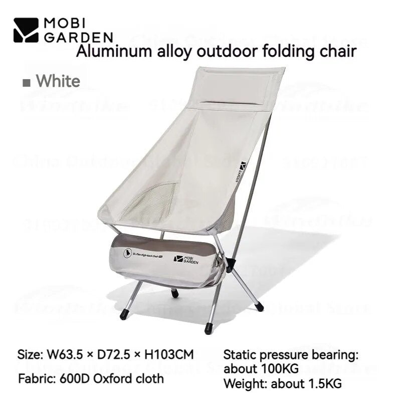 MOBI GARDEN Folding Moon Chair Outdoor Camping Relax Recline Ultralight Portable Small Large High Low Back Aluminum Alloy Oxford Seat 100kg Max Load Foldable with Storage Bag Mobigarden