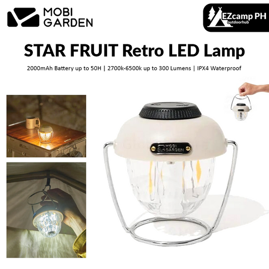 Mobi Garden STAR FRUIT Retro LED Lamp Outdoor Camping Atmosphere Ambient Lighting 300 Lumens up to 50H IPX4 Waterproof USB C Charging Battery 3 Light Mode Tent Hanging Stand Lantern Mobigarden