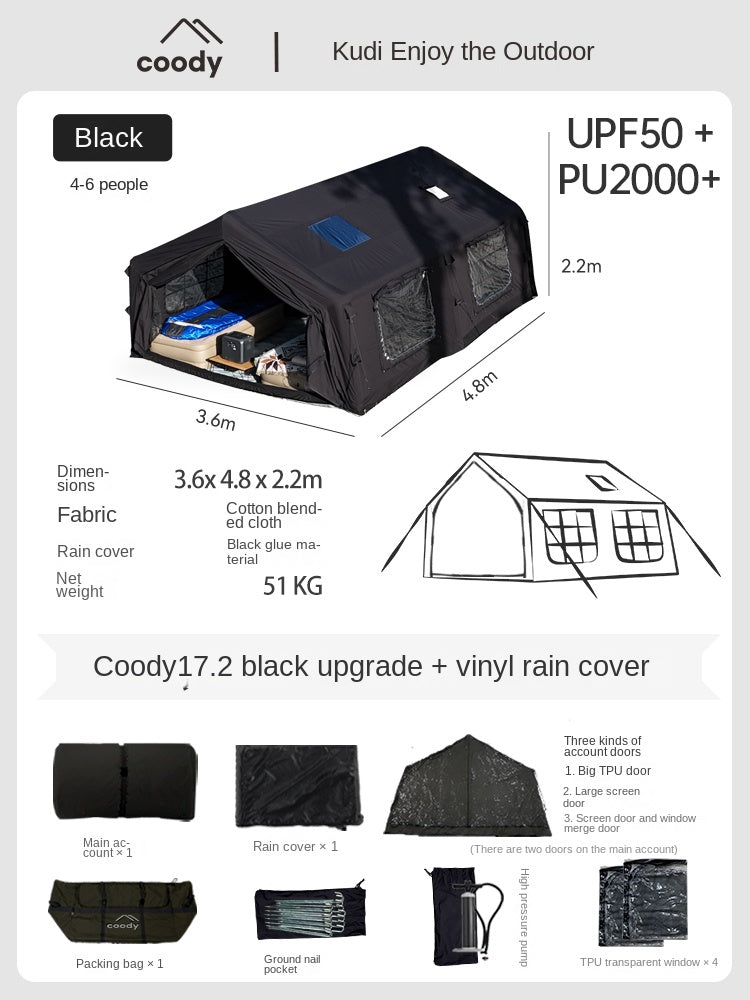 Coody FAMILIA AIR 17.2 Premium Cabin Inflatable Tent 6-8 Persons Extra Large 17.2m² Interior Space Waterproof Blended Cotton Black Vinyl Coated