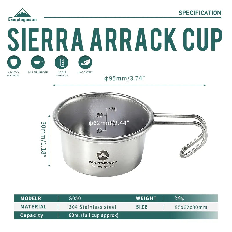 CAMPINGMOON Sierra Cup Beer Coffee Tea Hanging Mug 304 Stainless Steel Outdoor Camping 160/210ml Drinking Cooking Cup Ultralight Easy To Carry Stackable Portable Shera Siera Utensil Tableware Cookware Camping Moon S180 S190 S180-B