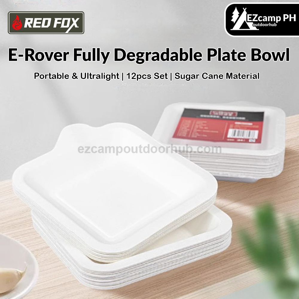Redfox E-Rover Fully Degradable Plate Bowl Portable Multipurpose 12pcs Per Pack Square Paper Plate Disposable Food Serving Tray Outdoor Camping BBQ