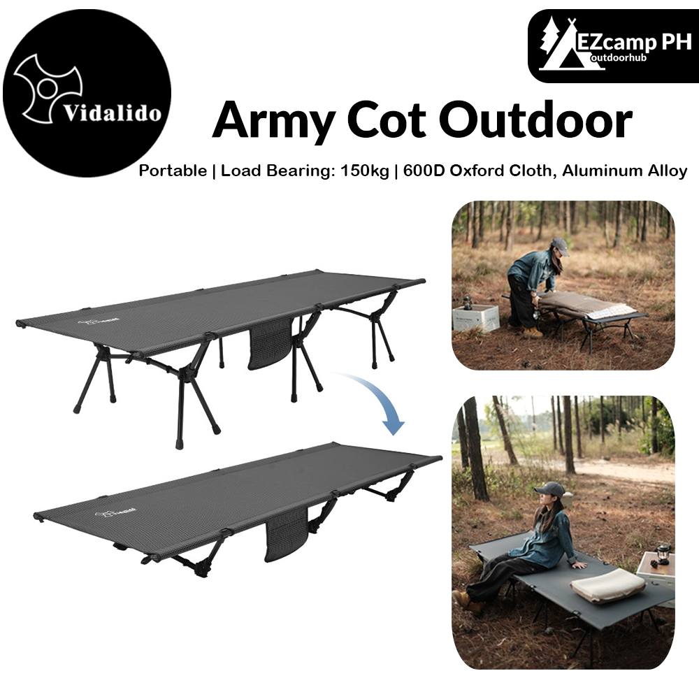 Vidalido Army Cot Outdoor Portable Lightweight Camping Folding Bed Premium 7075 Aluminum Alloy Small Large Size up to 200kg Max Load High Low Foldable Sleeping Gear