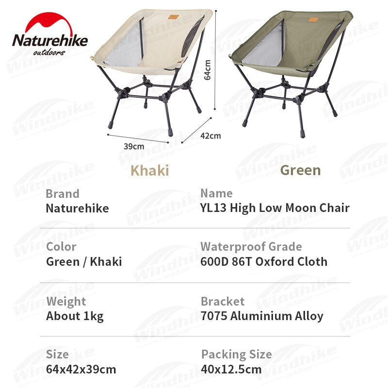 Naturehike YL13 Outdoor Folding Moon Chair 120kg Max Load Ultralight Adjustable Height High or Low Camping Portable Foldable Chair 600D Oxford