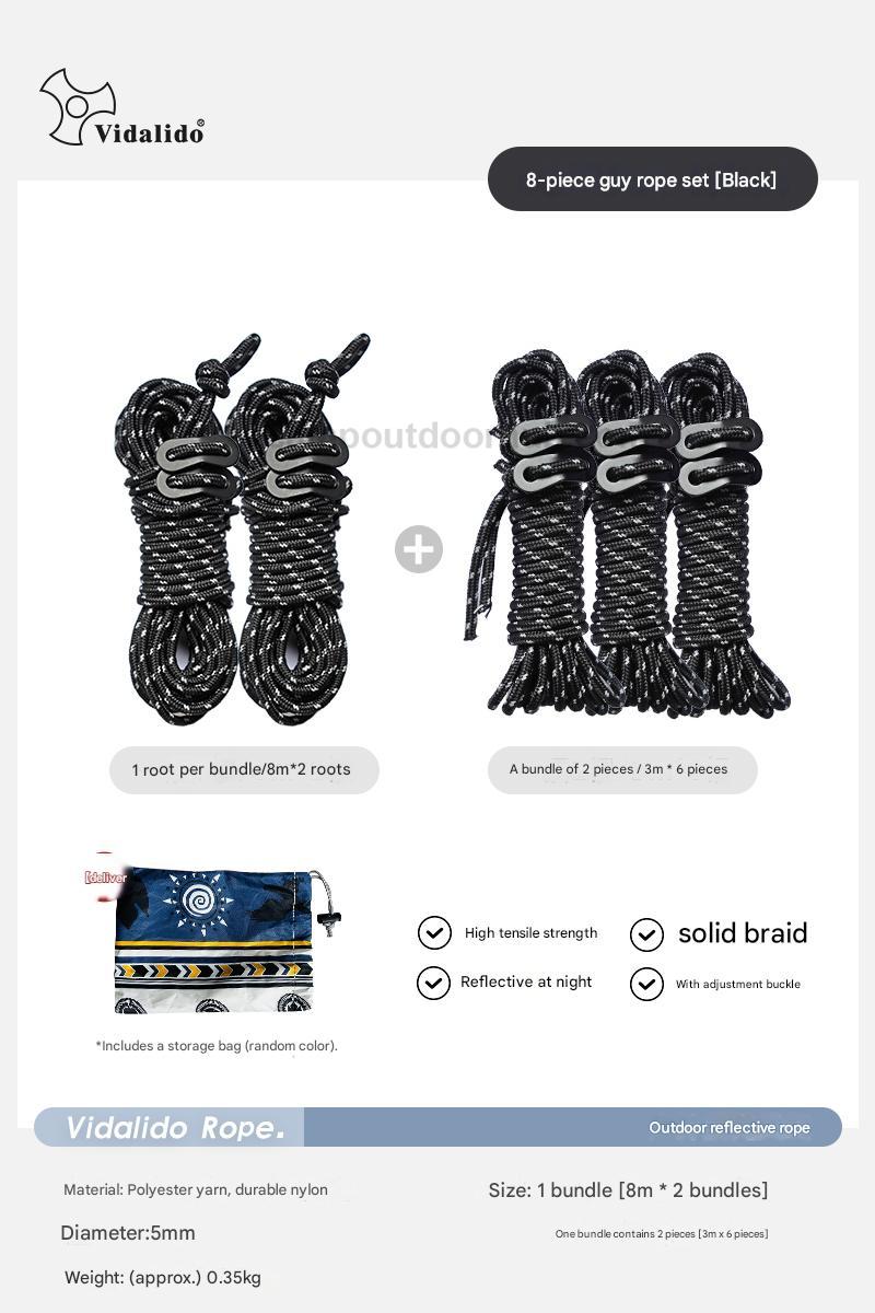 Vidalido 8pcs Outdoor Camping Wind Rope Set Multipurpose Tent Tarp Canopy Awning Accessories Guy Lines Aluminum Tensioner Buckles Windproof Reflective
