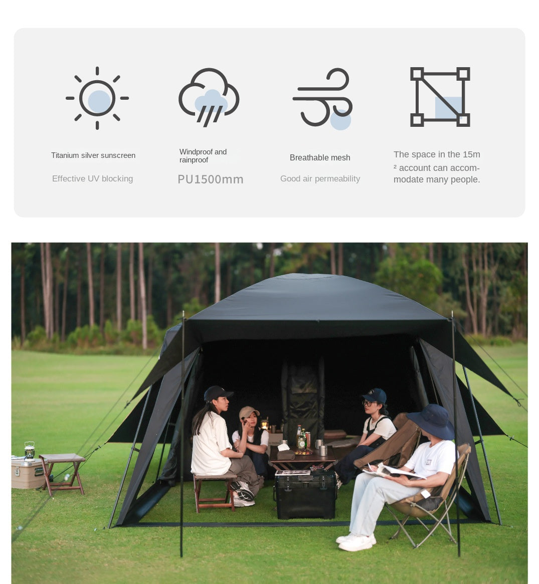 Vidalido POON SAAN PRO Portable 8-10 Person Banshan Villa Extra Large Semi-Automatic Cabin Style Black Tent Outdoor Camping 15m² Interior Space 2 Bedroom Waterproof 150D Titanium Silver Coated Sunscreen