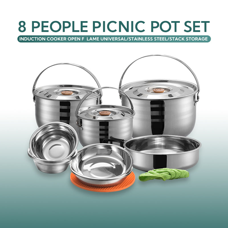 CAMPINGMOON Stainless Steel Camping Pot Set for up to 6 and 8 Person Portable Ultralight Home and Outdoor Picnic Large Cookware Pan Cooking Equipment