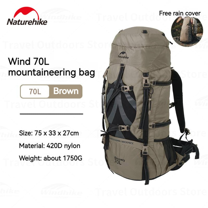 Naturehike 70L + 5L Hiking Mountaineering Backpack Bag Large Capacity Climbing Storage Back Pack Bag with Waterproof Rain Cover Water Bladder Unisex for Men Women Original Heavy Duty Nature Hike 75L