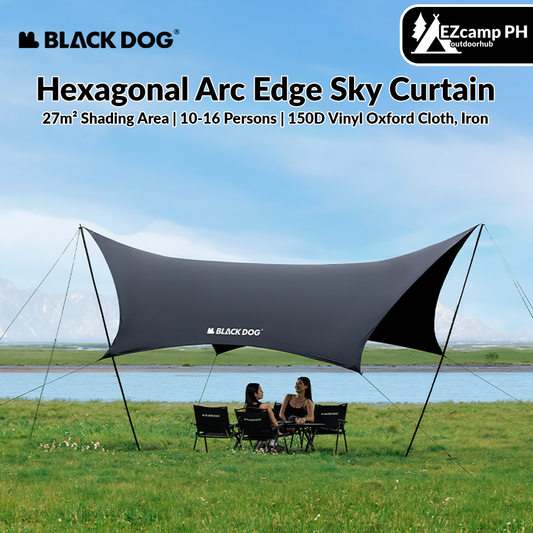 BLACKDOG Hexagonal Arc Edge Sky Curtain Large Canopy Awning Tarp Tent PU Coated Waterproof up to 27m² Shade Area UPF50+ Sunscreen Camping Hiking Picnic Beach Travel Shelter with Poles Hexagon Square Heavy Duty Original Black Dog