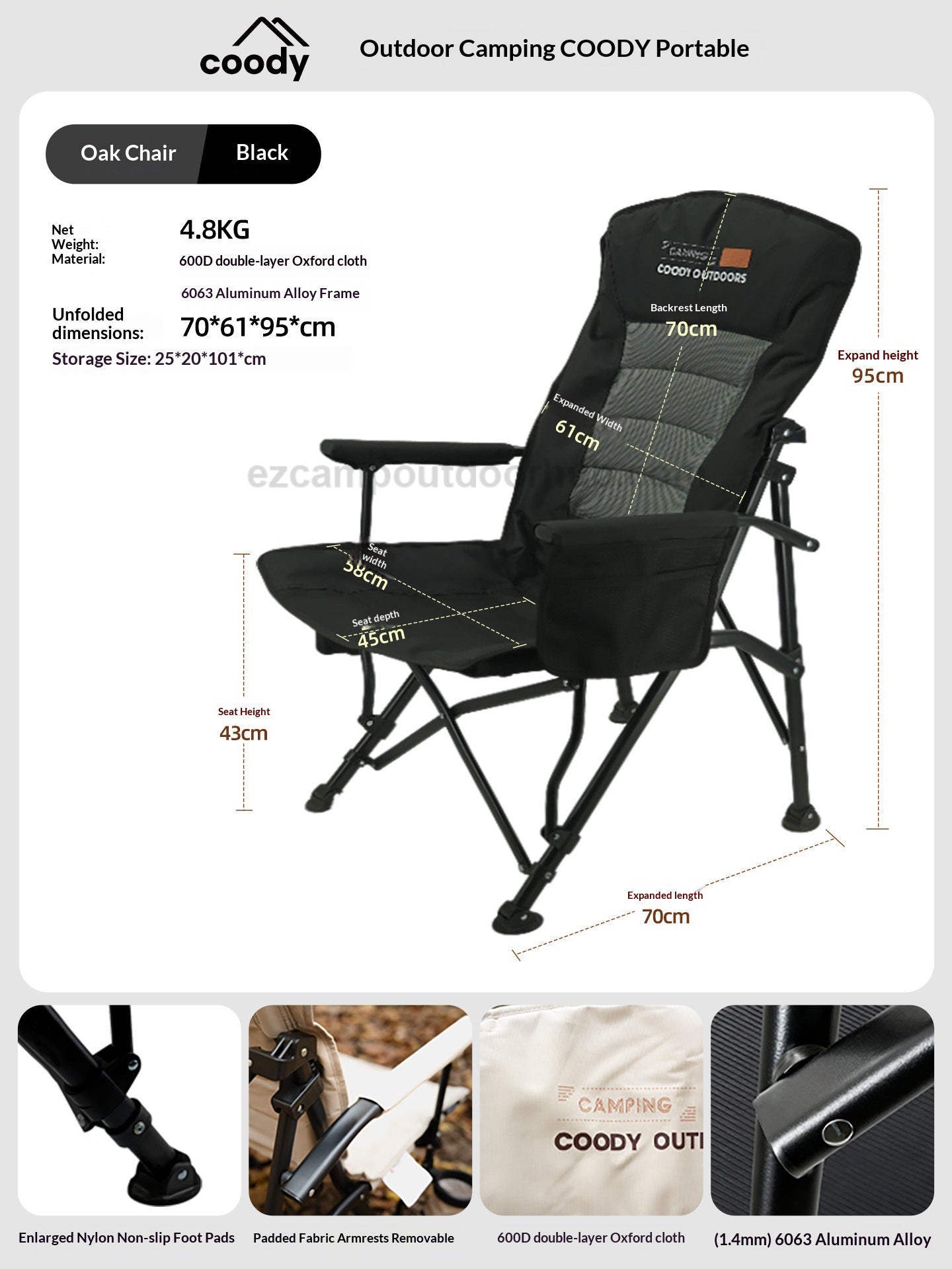 Coody OKE Relax Chair 136° Recliner Leisure Directors Chair Stable Load Bearing 150kg Triangular Cross Structure Design Aluminum Alloy Frame Outdoor