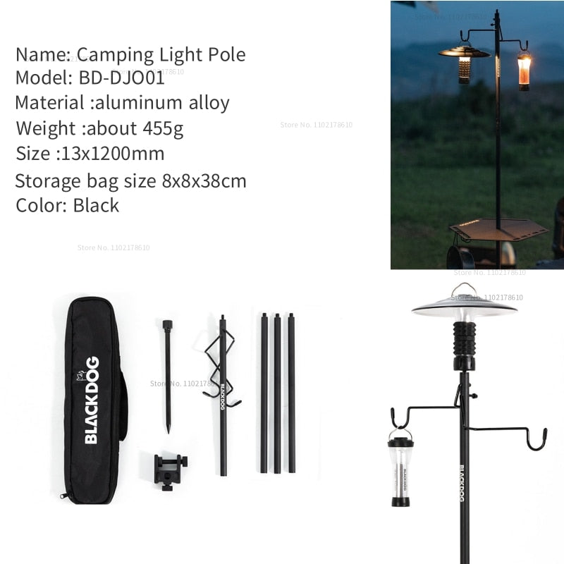 BLACKDOG Black Aluminum Lamp Post Portable Outdoor Camping 4 Section Light Pole Optional Hexagon Tray Ultralight Lantern Holder Bracket