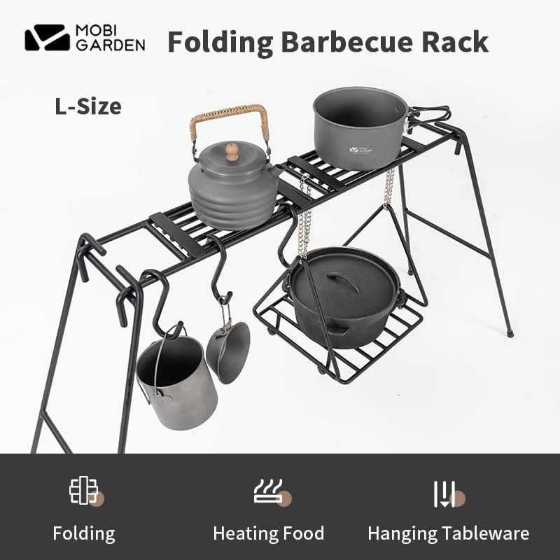 Mobi Garden Cast Iron Outdoor BBQ Hanging Pot Cookware Kitchenware Utensil Rack Large Shelf Camping Multifunctional Grill Cooking Barbecue Shelves Portable Foldable Folding Storage Design Mobigarden