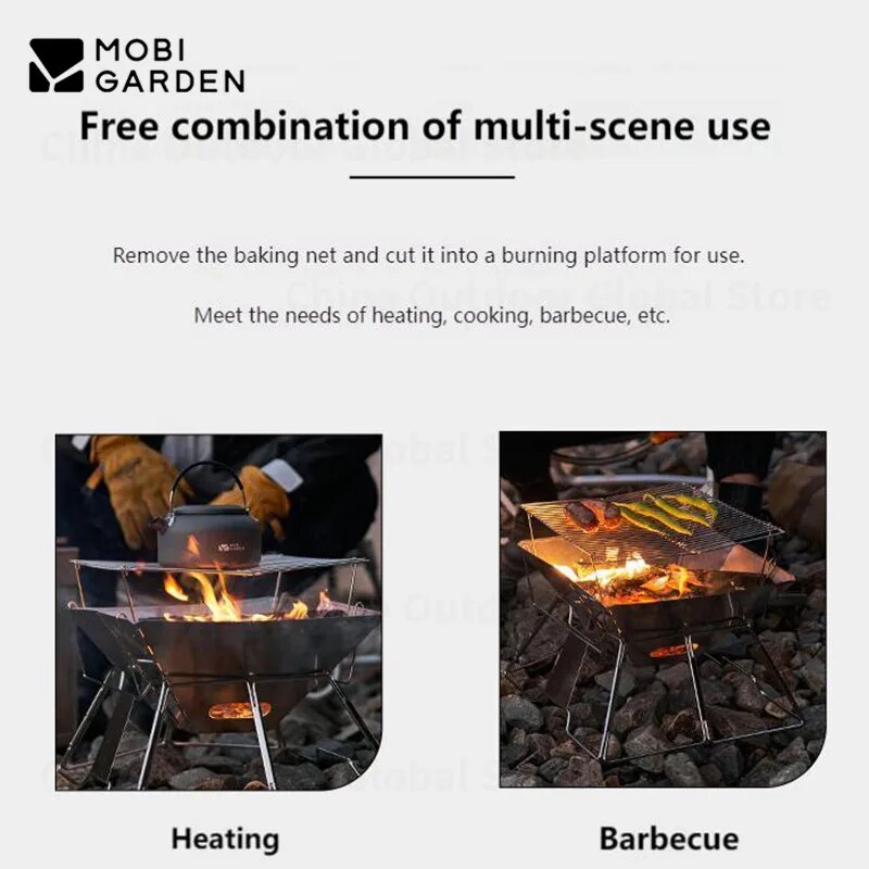 Mobi Garden Portable Mini Folding Charcoal Grill Stove Outdoor Foldable 201 301 Stainless Steel Ultralight Fire Wood Burner Bonfire Pit Firewood BBQ Picnic Camping Equipment Suitcase Design with Storage Bag Mobigarden