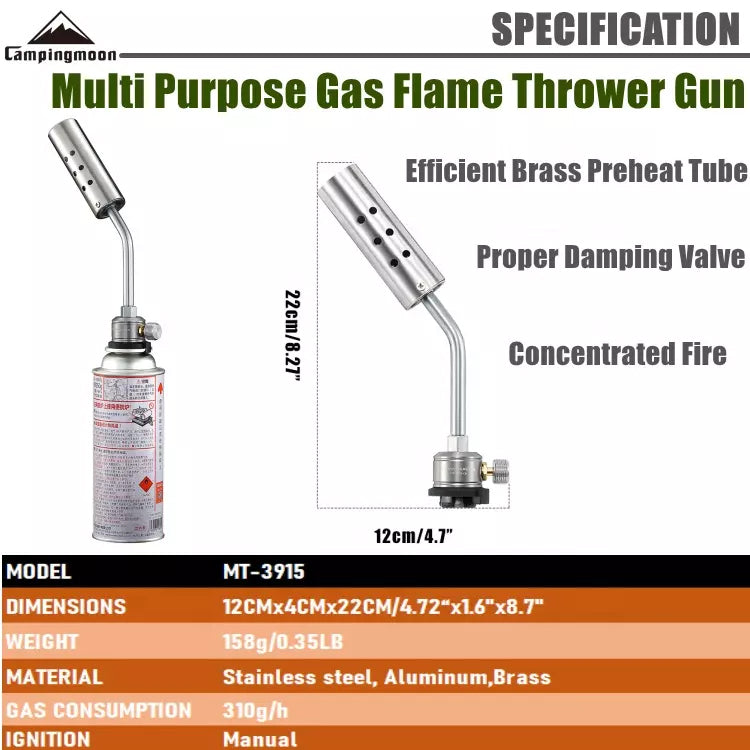 CAMPINGMOON MT-3915-CB High Power Butane Blow Torch 4.2KW Firepower Stainless Steel Standard Canister Gas Fuel Jet Gun Set BBQ Grill Charcoal Firewood