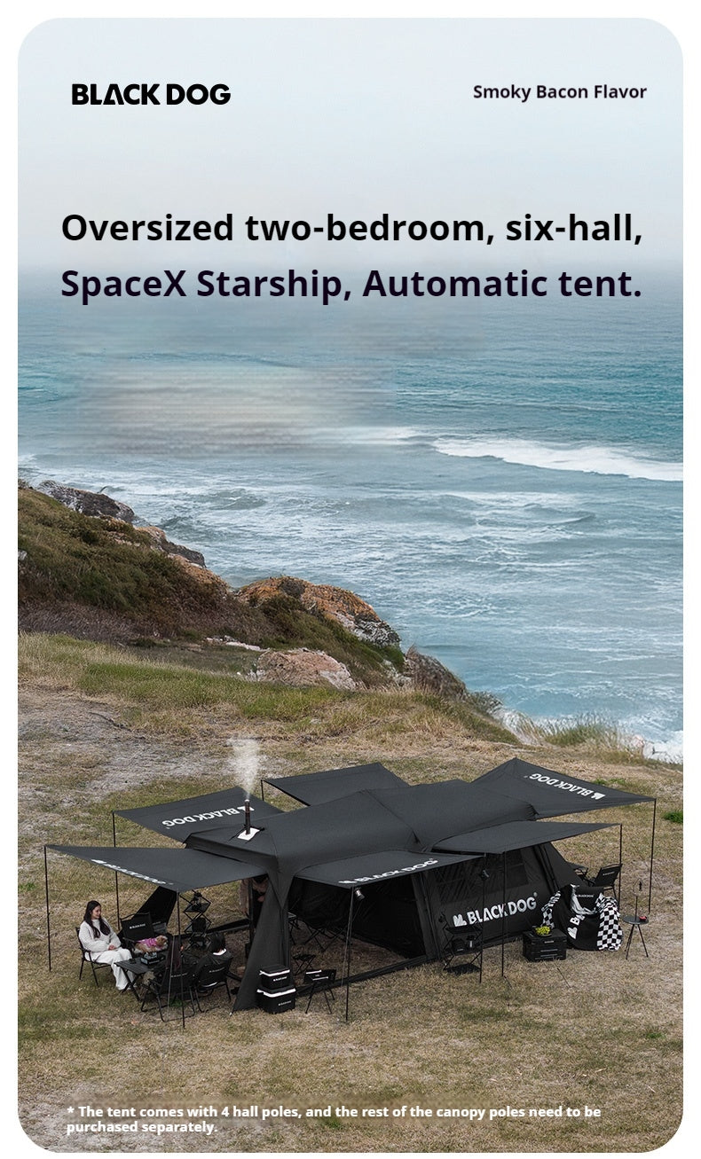 Blackdog SPACEX STARSHIP Automatic Tent Cabin Style For 8-10 Person Large 2 Bedroom 6 Living Room Outdoor Waterproof Black Vinyl Coated Sunscreen