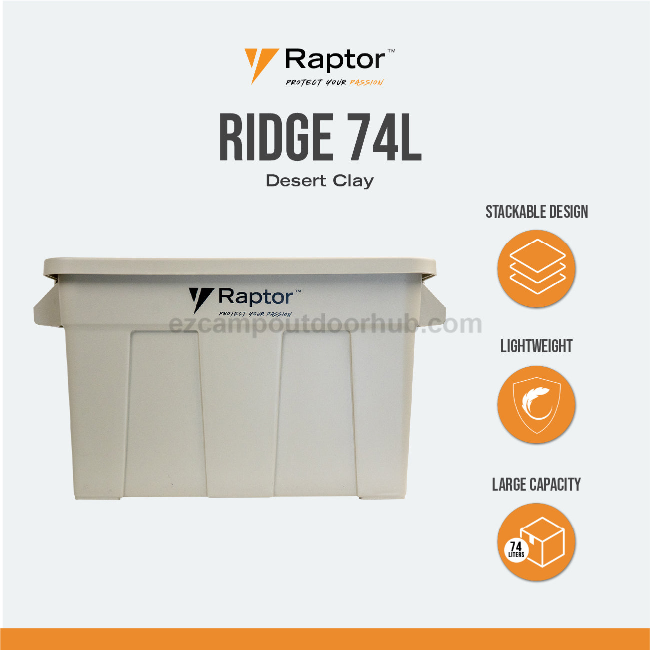 Raptor RIDGE 74L Storage Box Portable Lightweight Stackable Design Large Capacity Optional Attachable Wheels Polypropylene Heavy Duty Outdoor Camping