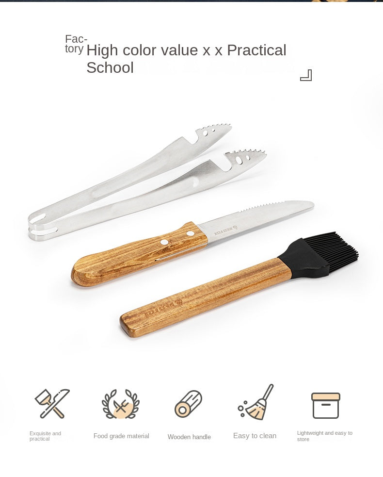 Redfox BBQ Grill Tool Set Portable Lightweight Multipurpose Knife Tong Clip Oil Brush Set For Outdoor Camping Picnic Utensil Barbecue Wood Food Grade