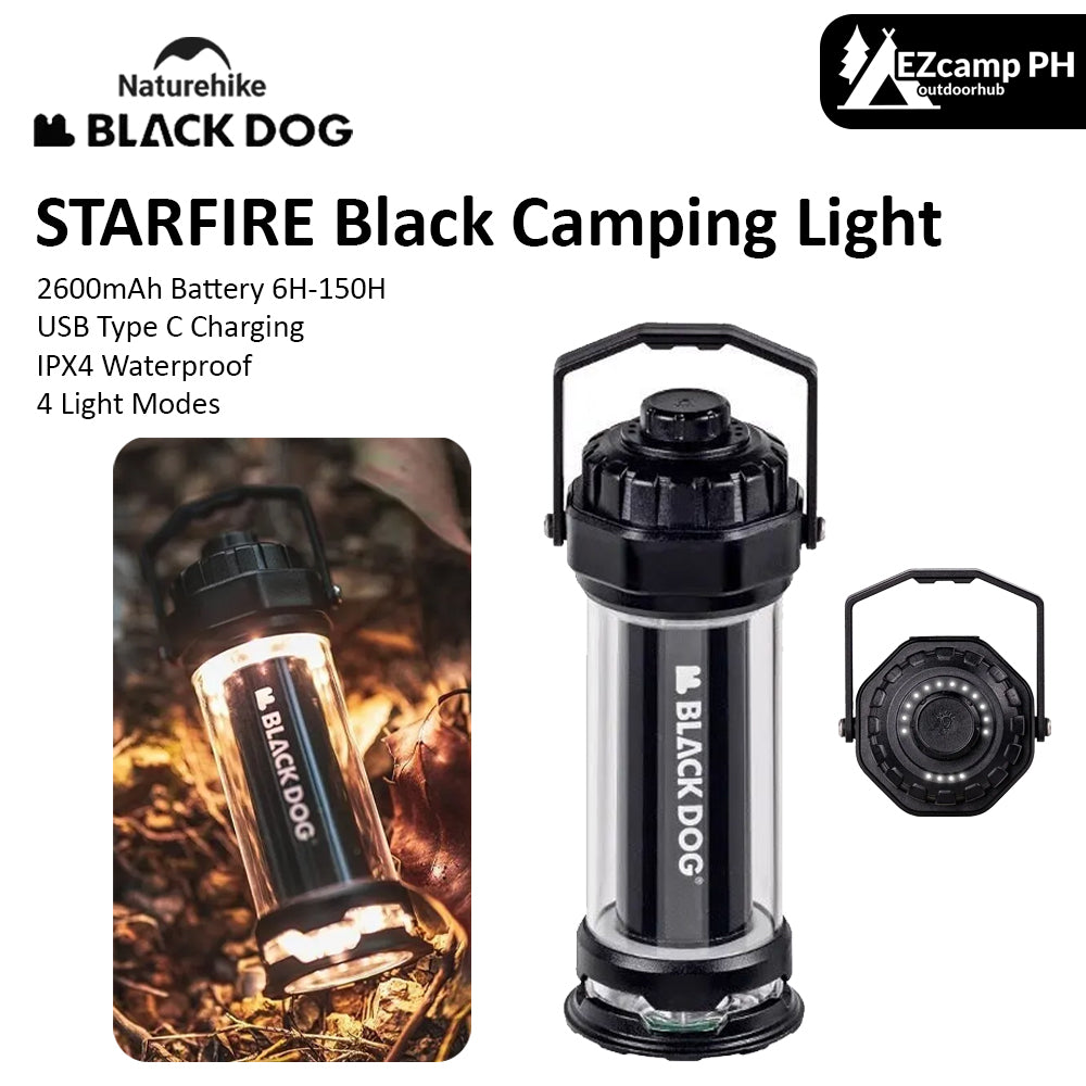 BLACKDOG by Naturehike STARFIRE Black Camping Lamp Mini Outdoor LED Mini Lantern 4 Lighting Modes 2600mAh Battery USB C Charging IPX4 Waterproof 6-150H Hanging Flashlight Ultralight Portable Warm Light Black Dog Nature Hike