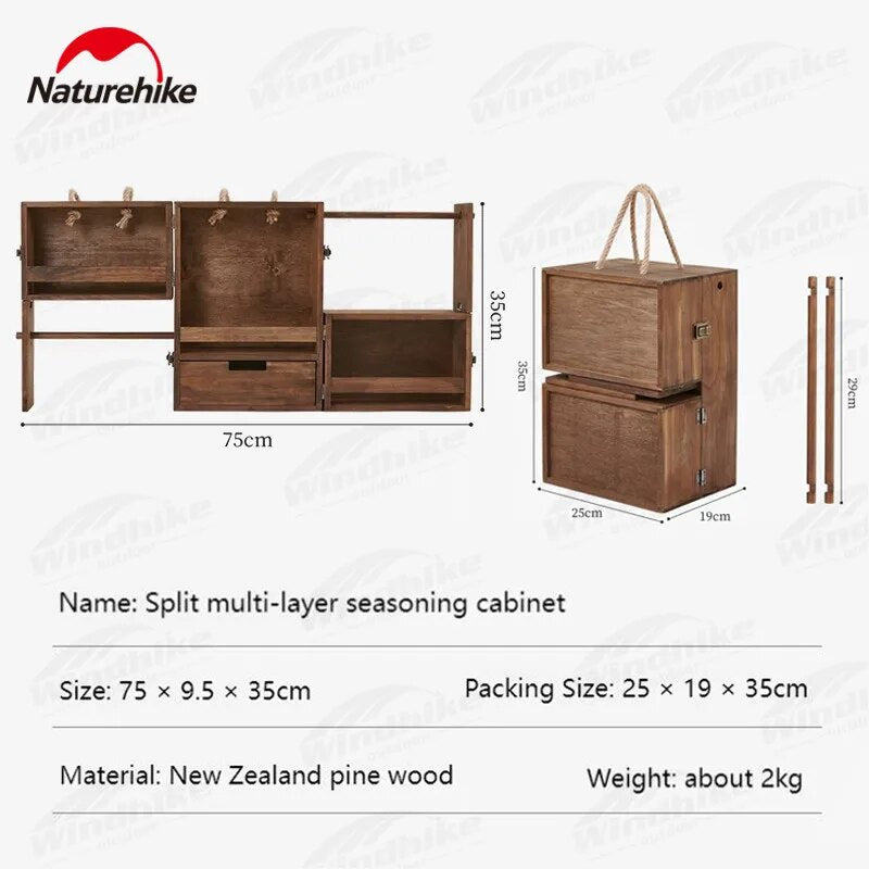 Naturehike Condiments Split Multi-Layer Storage Box Portable Folding Hemp Rope Belt Seasoning Sauce Solid Wood Cabinet Container Tissue Holder Utensil Hanging Case Outdoor Camping Picnic BBQ Cookware Wooden Box 2kg Nature Hike