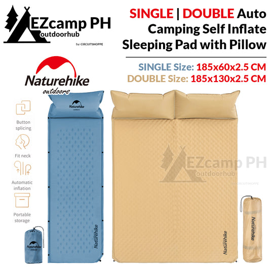 Naturehike SINGLE | DOUBLE Spliced Air Inflate Sleeping Mat Pad with Inflatable Pillow 2.5/3cm Thick Outdoor Portable Camping Tent Bed Automatic Foam