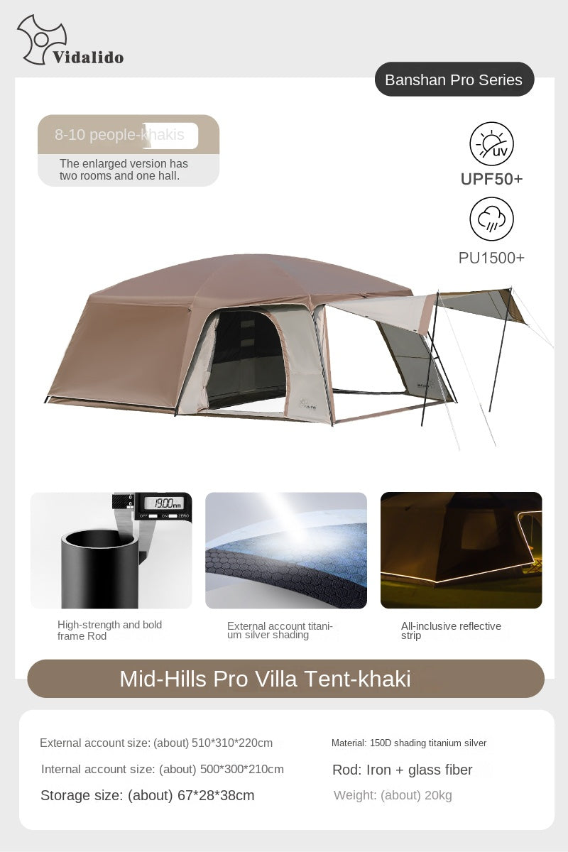 Vidalido POON SAAN PRO 8-10 Person Banshan Villa XL Cabin Black Camping Tent 15m² Interior Space 2 Bedroom Waterproof Titanium Silver Coated