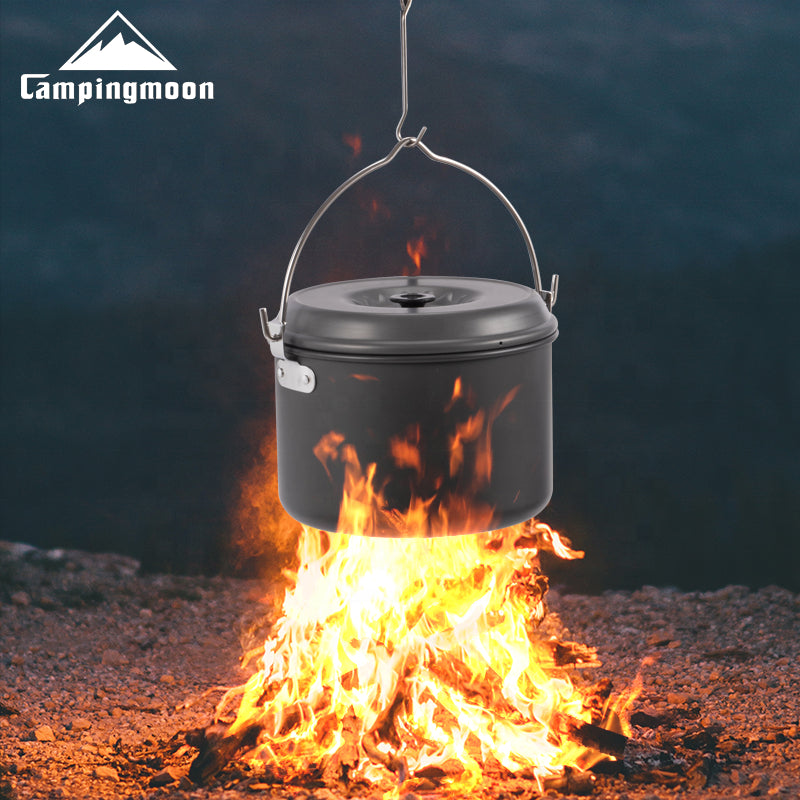 CAMPINGMOON Outdoor Hanging Pot Small Large Camping Ultralight Aluminum Cooking Hang Cookware Equipment for 5-8 Person 4L 5.5L