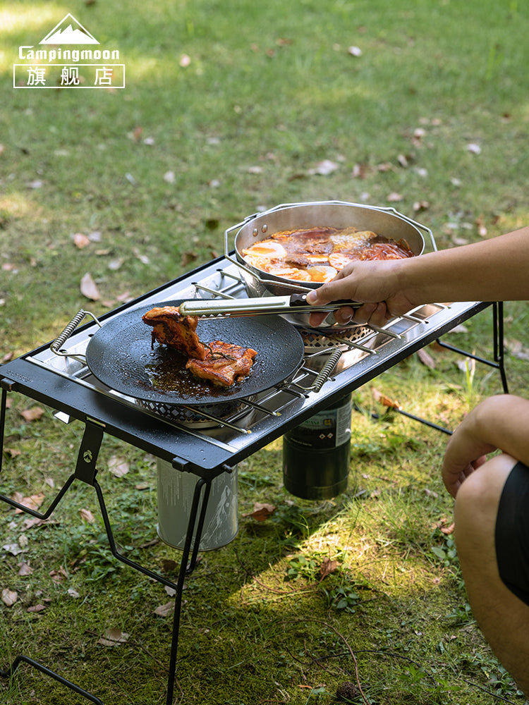 Campingmoon IGT Korean Style Double Burner Stove Top 2 Unit IGT Size Integrated Grill Table Rack Dual Stainless Steel Butane Gas Stove Windproof