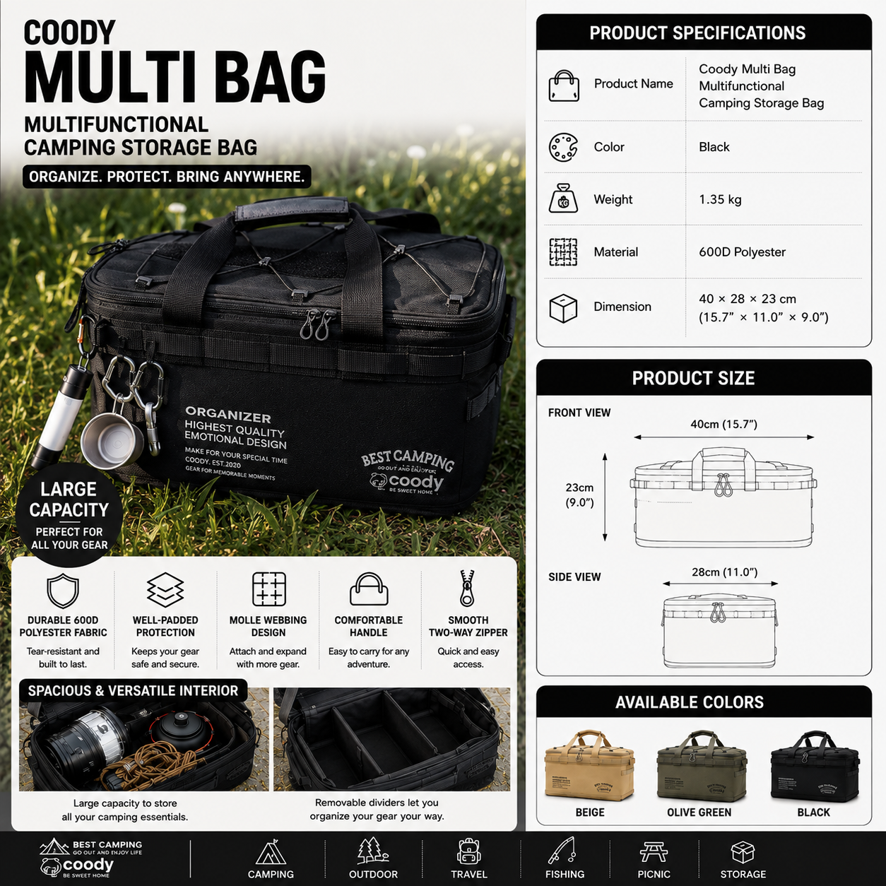 Coody MULTI BAG Portable Multifunctional Camping Storage Bag Heavy Duty Padded Organizer Removable Divider MOLLE Outdoor Gear Equipment Case