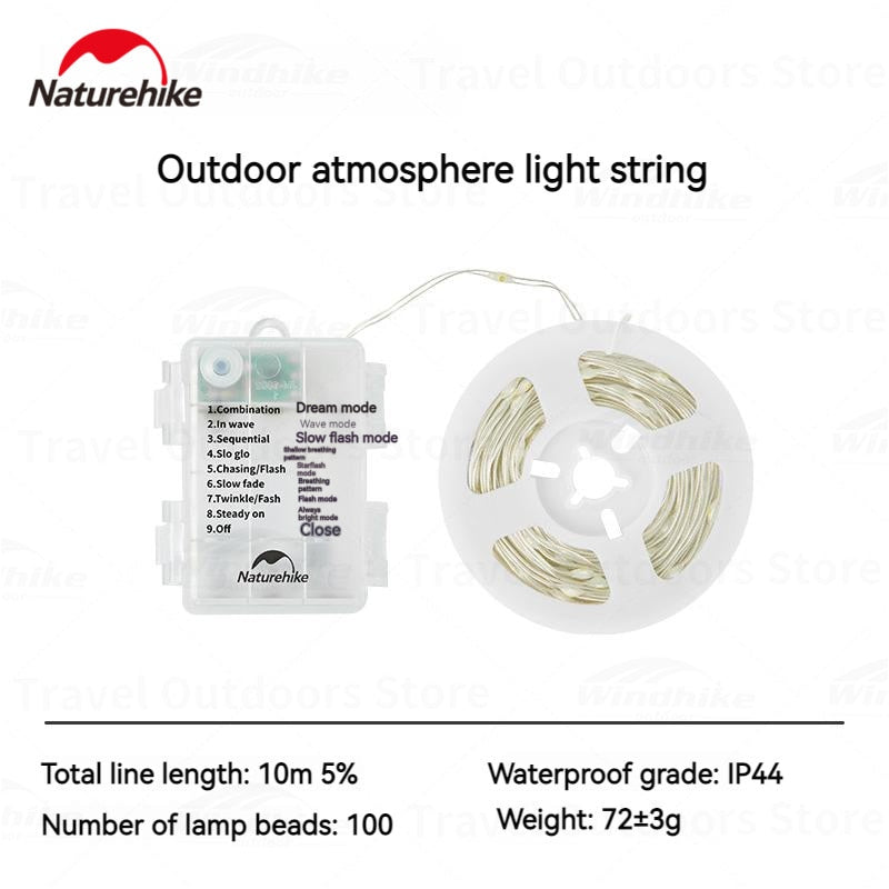 Naturehike String LED Lights 100 Mini Lamp Beads in 10m Wire Length 3 AA Battery IP44 Waterproof Outdoor Camping Atmosphere Ambient Lighting Strip Lantern with 8 Light Modes Control Nature Hike