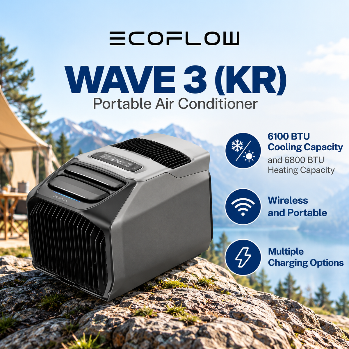 EcoFlow WAVE 3 Outdoor Air Condition Portable Multifunctional Large Capacity Long Battery Life Dual Cooling And Heating Function Wireless Control Mode Via App ABS LiFePO4