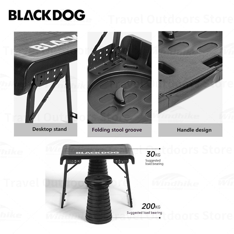 BLACKDOG by Naturehike Black Lightweight Portable Folding Table Camping Aluminum PE Plastic Table Telescopic Chair Set Outdoor Picnic BBQ Dining Foldable Black Dog Nature Hike