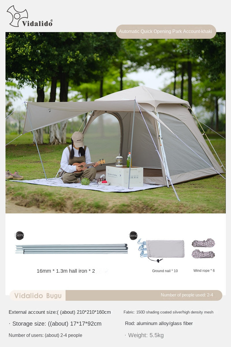 Vidalido BUGU Dome Style Automatic Tent Portable Lightweight Foldable Quick Opening Ventilated Tent for 2-4 Person Rainproof Sunscreen Breathable