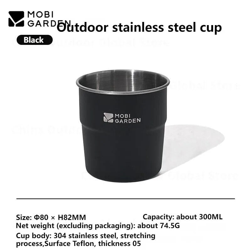 Mobi Garden Stainless Steel Frosted Surface Cup Food Grade 300ml Drinking Water Beer Tea Coffee Glass Small Portable Outdoor Camping Picnic Tableware Utensil Heavy Duty Black White Mobigarden