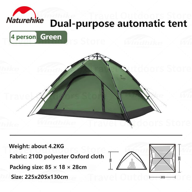 Naturehike Automatic Pop Up Camping Tent Fast Quick Build 3 and 4 Person Dome Style 210D Polyester Waterproof 3000mm Instant Auto Outdoor Shelter