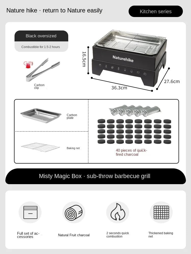 Naturehike MISTY MAGIC BOX Disposable Tabletop Charcoal BBQ Grill Box Kit Set Outdoor Camping Picnic Barbecue Cooking Equipment Stainless Grilling Pan Tong Mesh Fast Burning Charcoal Briquette Nature Hike