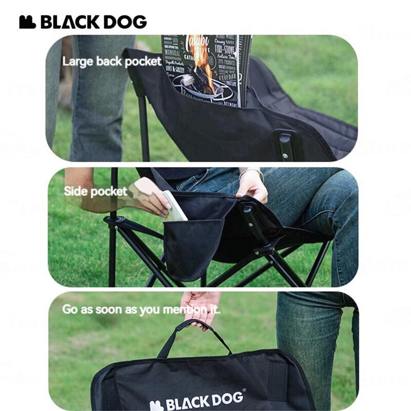 BLACKDOG Black Floating Moon Outdoor Folding Chair Portable Camping 120kg Max Load 600D Oxford Steel Frame Relax Chair with Storage Bag 2.7kg Foldable Ultralight Heavy Duty Black Dog