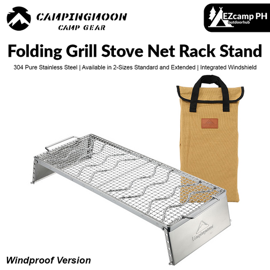 CAMPINGMOON Folding Grill Stove Net Rack Stand Windproof Version Outdoor Camping Hiking Portable Foldable Ultralight BBQ Charcoal Butane Stove Grill Mount Bracket Built-in Windshield 304 Stainless Steel with Storage Bag Camping Moon MSW-1018 MSW-1019