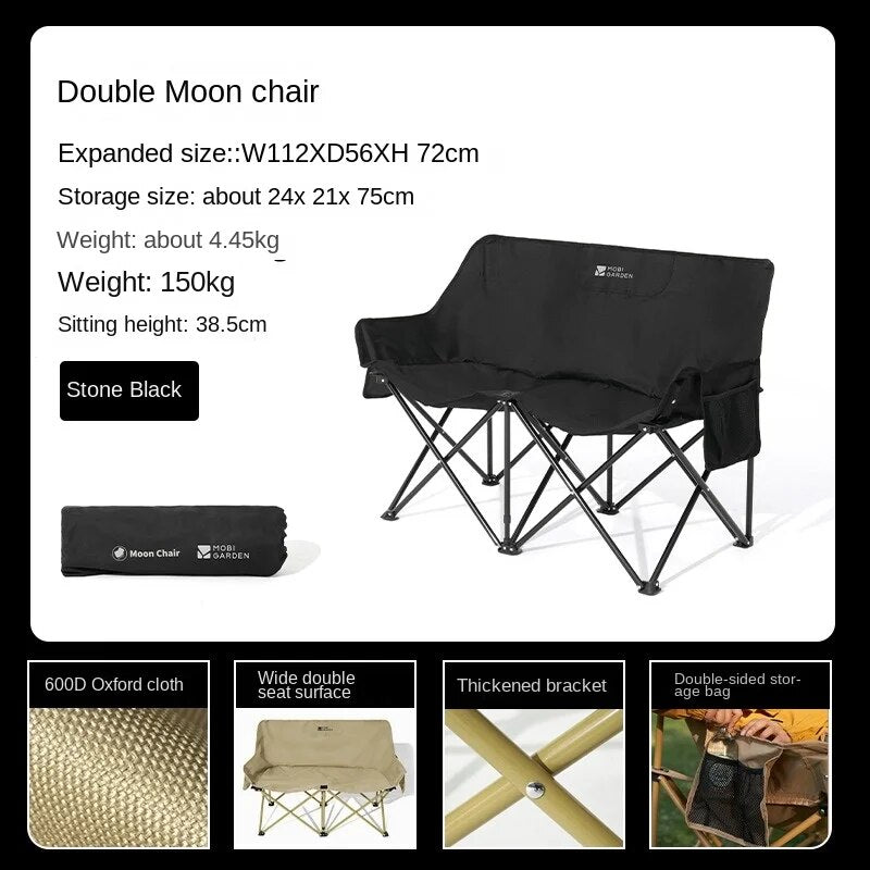 MOBI GARDEN Large Double Folding Moon Chair Outdoor Foldable Camping Easy Assemble Storage 150kg Max Load Stable Steel Pipe Frame 600D Oxford Portable Seat with Storage Bag Mobigarden